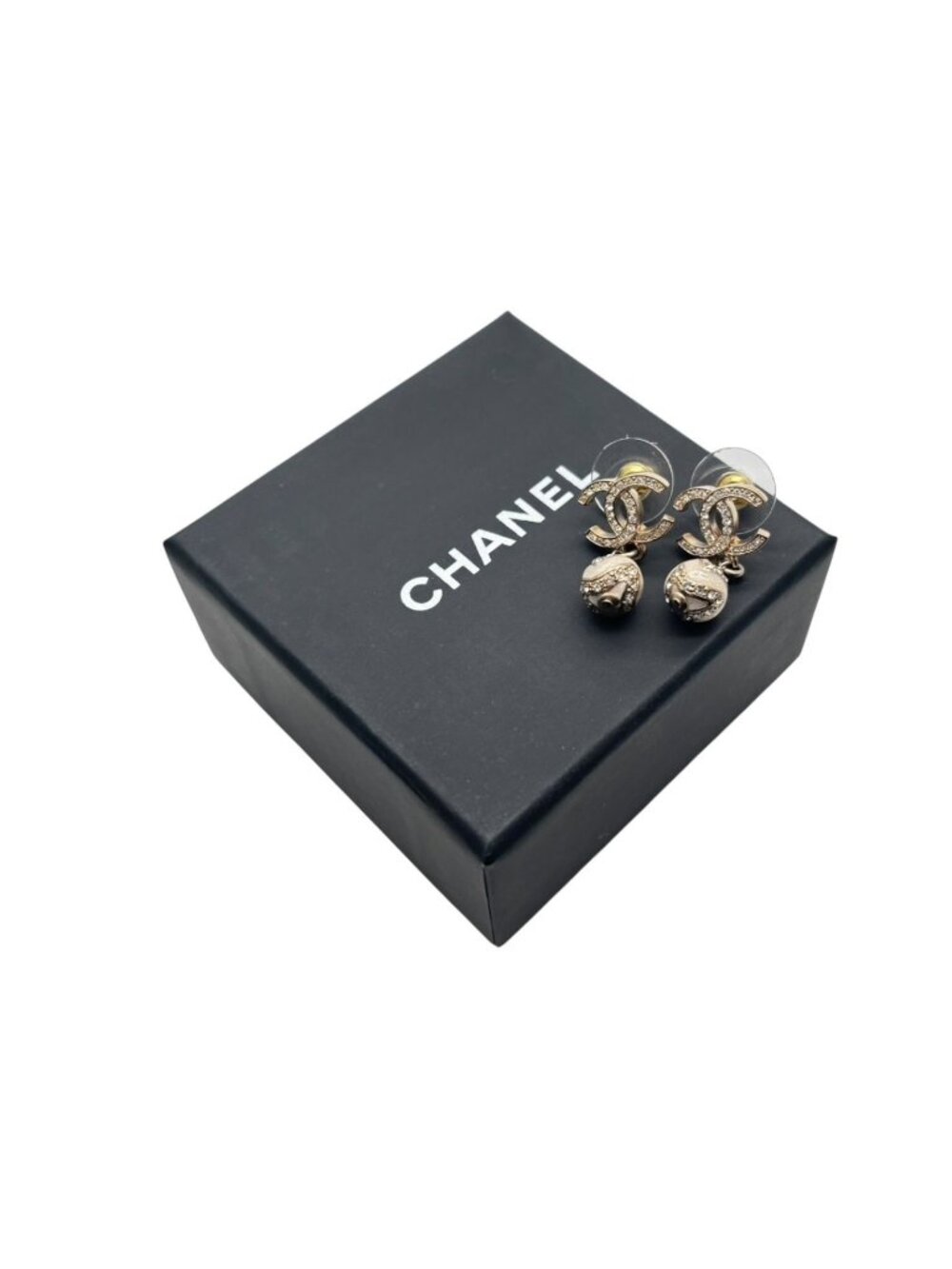 Chanel CC Logo Dangling Earrings Rhinestone Metal Resin